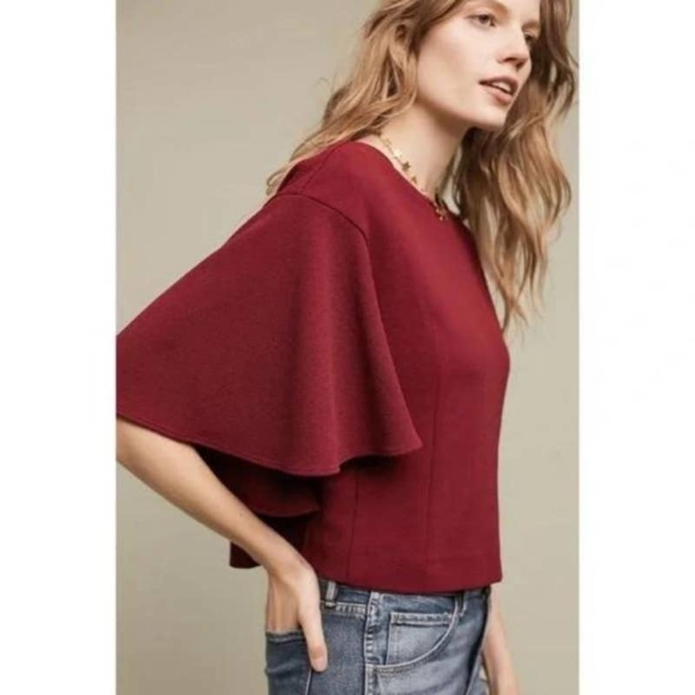Anthropologie Deep Wine Red Flutter-Sleeve Knit Top